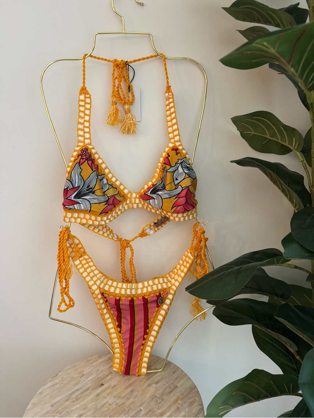 NWT TDL Columbian Yellow Floral Crochet-Trim Bikini Set with Tie Straps SZ:L